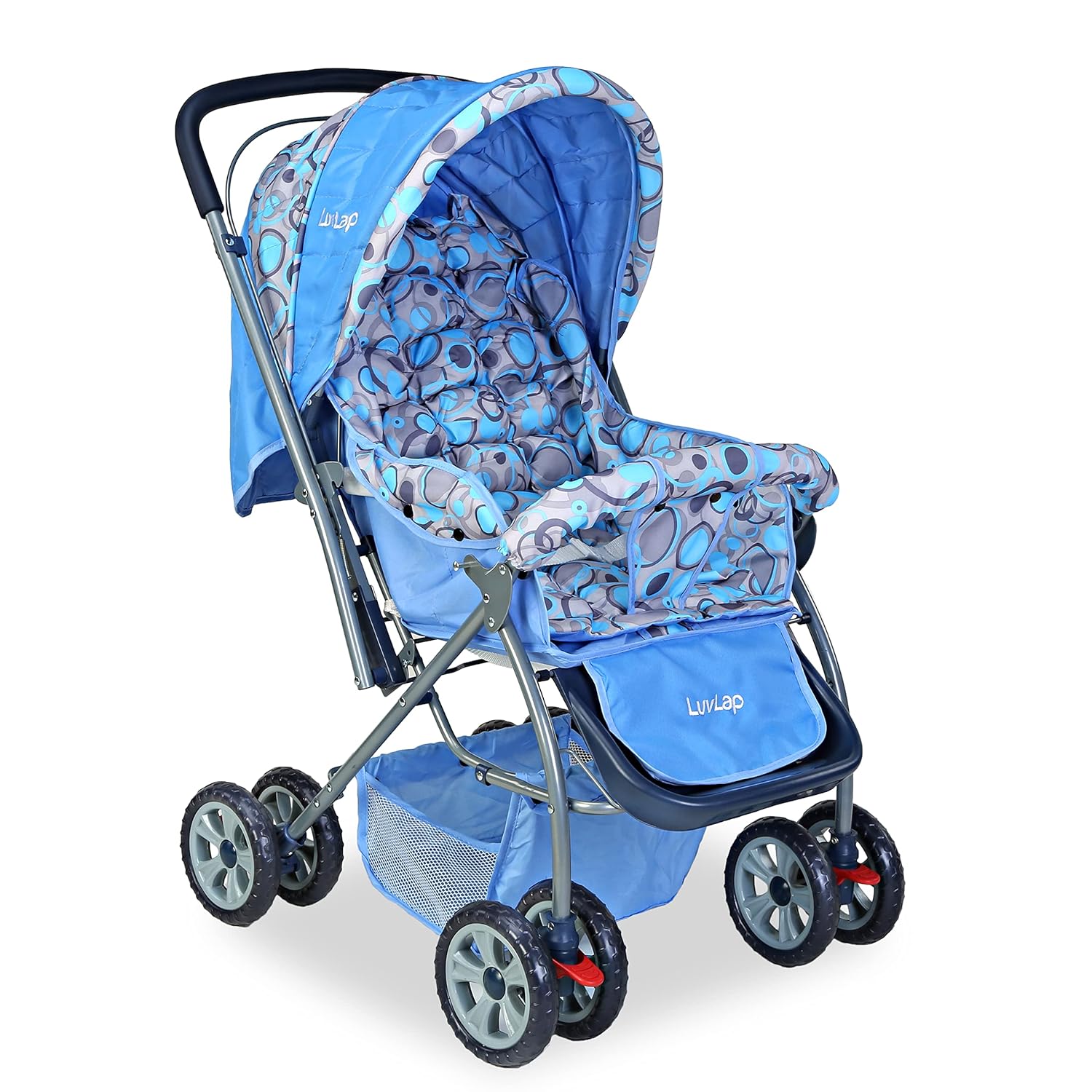 LuvLap Starshine Baby Stroller in black, featuring a canopy, padded seat, and storage basket. A comfortable and safe pram for infants and toddlers on usmile.toys. www.usmile.toys